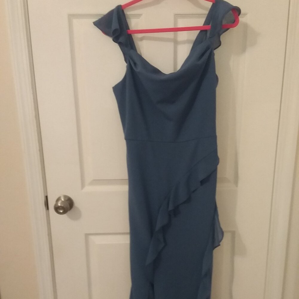 NWT Mother of bride groom prom gown smoky blue ladies 12 bonus earrings